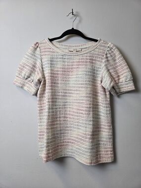 LOFT Cream Tweed Short Sleeve Top with Pink & Blue Stripes